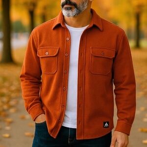 MASSIVE OUTDOOR Men Heavyweight Fleece Button Shirt Jacket Fall Rust Brown M